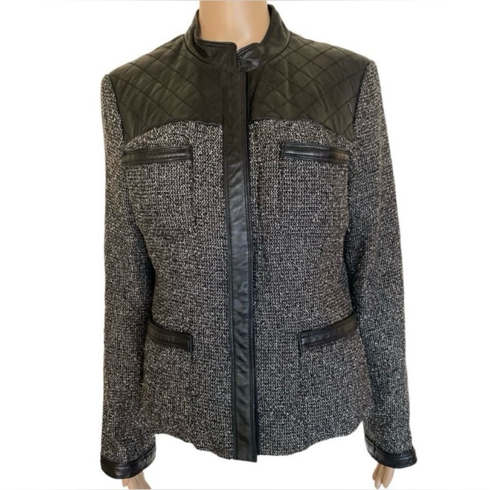 Jaclyn Smith Size M Black and White Long Sleeve Leather Wool Blend Tweed Jacket